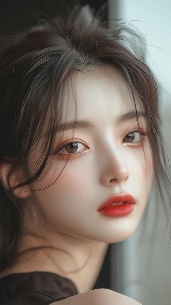 Aesthetic Elegance: Portrait of Du Qiong, Korean Model with Red Lips ...