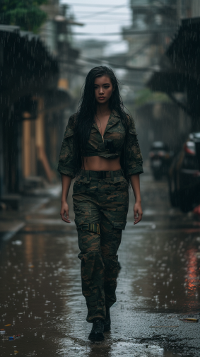 Camouflaged Elegance: Ai Xuan's Character Portrait in Phuoc Quan Rain