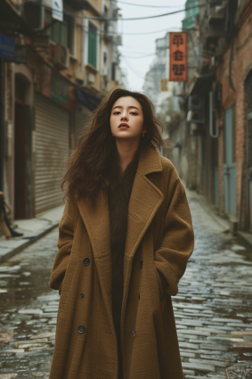 Elegance Among Urban Shadows: A Portrait of Chen Jiru in a Brown Coat on City Streets