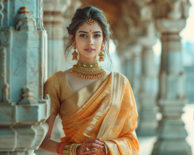 Gilded Beauty: A Vision of Elegance in a Yellow Sari at an Indian Temple