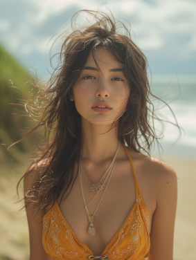 Serene Beauty: Southeast Asian Model in Mingei-Inspired Top, Embracing Nature's Grace by the Sea