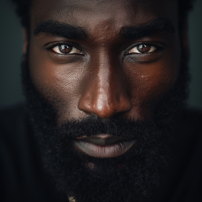 Visions of Tomorrow: The Intense Gaze of a Black Male Model in Afrofuturism Portrait Photography by Bruce Onobrakpeya