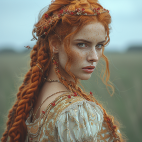 Anka's Pre-Raphaelite Reverie: A Portrait of Ukrainian Beauty with Red Hair and Floral Accents