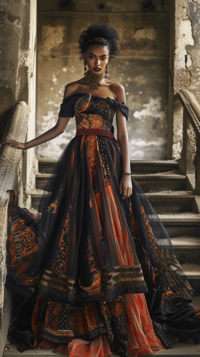 Baroque Beauty: A Gothic Art Inspired Woman in Art Nouveau Fashion on a Flemish Staircase with Alexander McQueen Embroidery