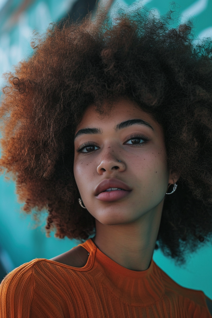 Bold Elegance: Constance's De Stijl Portrait with Serene Afro | iFoto