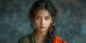 Braided Beauty: Captivating Algerian Model in Colorful Dress against Blue Wall, Art Portrait by Ai Xuan