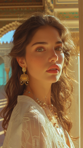 Elina's Rococo Charm: A Moroccan Model Adorned in Gold Earrings, Embracing the Skyline with Elegance