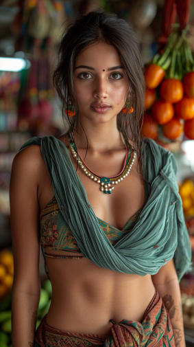 Ethereal Elegance: A Bangladeshi Model in Fusion Couture Amidst Ancient Art and Vibrant Fruits
