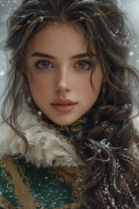 Fantasy Elegance: Elina Karimova in a Green Dress with Fur Collar