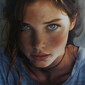 Freckled Beauty: Hyperrealistic Portrait by Brad Kunkle Featuring Girl with Big Nose