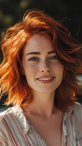 Freckled Beauty: Venezuelan Model Elke Vogelsang Radiates Joy in Striped Shirt and Red Hair