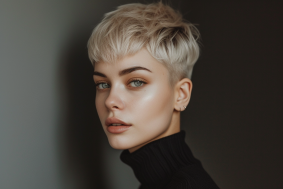Gaze of Elegance: A Character Portrait by Echo Chernik Featuring a Short-Haired Woman in Black