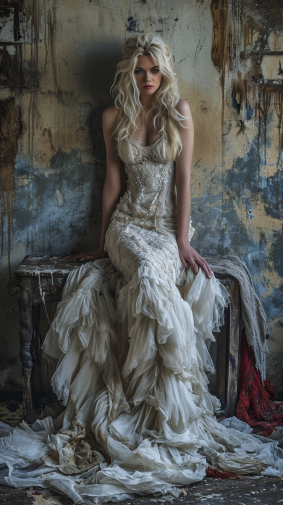 Gothic Elegance: A Woman in White Amidst Marble and Decay, Inspired by Dirk Crabeth
