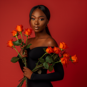 Graceful Elegance: Nigerian Beauty Chinwe Chukwuogo-Roy Poses with Roses Against Scarlet Art Backdrop