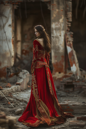 Medieval Elegance in a Gothic Ruin: A Woman in Red with Gold Drapery by Dirk Crabeth