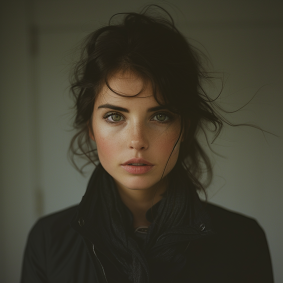 Neo-Romantic Elegance: Anka Zhuravleva in Black - Capturing a Moment of Serenity with Intense Eyes