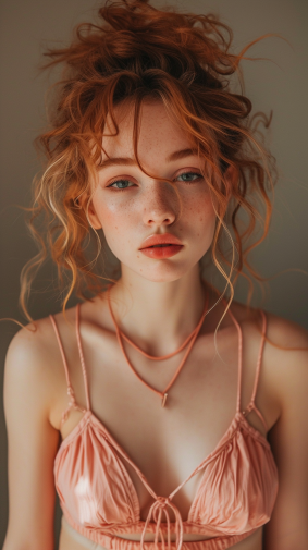Neo-Romantic Elegance: Elina Karimova in Pink Bra Top and Necklaces, Her Red Hair Blowing Gracefully