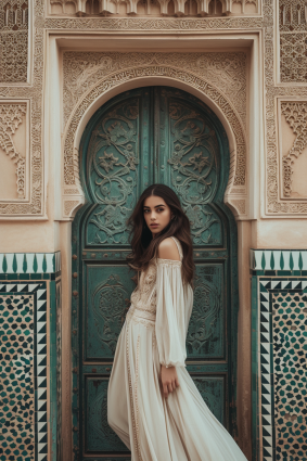 Ornate Elegance: Florianne Becker in White by the Green Door