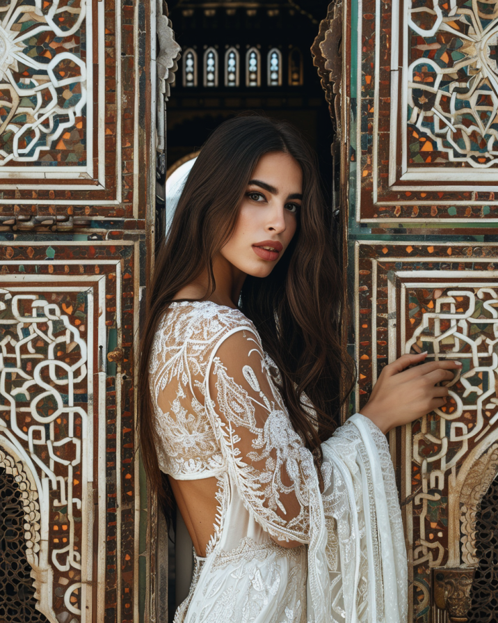 Ornate Elegance: Model wearing white dress and shawl poses in doorway ...