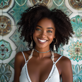 Radiant Beauty: A Jamaican Queen Poses in Front of Vibrant Rococo Backdrop