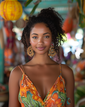 Radiant Beauty: Jamaican Model Embracing Folk Art
