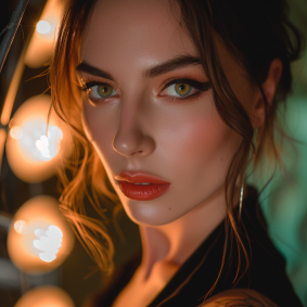Radiant Elegance: Elina Karimova's Split Lighting Portrait With Vibrant Red Lipstick Under Glowing String Lights
