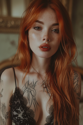 Reflecting Elegance: Elina Karimova Poses with Rococo Charm, Red Hair, and Intricate Tattoos