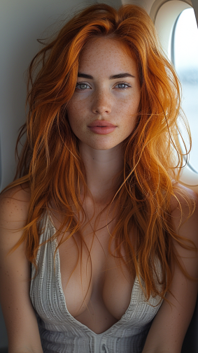 Rococo Radiance: Freckled Beauty Elina Karimova in Polaroid Perfection aboard a Venezuelan Flight