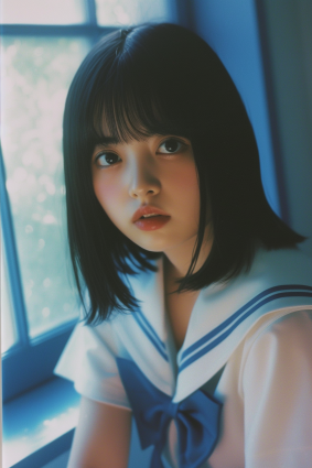 Sailor's Gaze: Photorealistic Portrait of Ayako Rokkaku, Petite Model in Blue Bow Tie