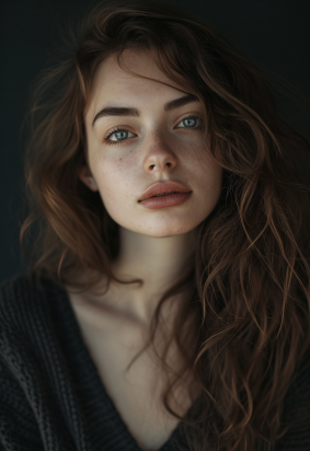 Serious Gaze: Portrait of Eszter Mattioni, a Freckled Beauty with Piercing Blue Eyes