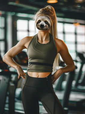 Strong Beauty: Fitness Model in Raccoon Mask Strikes a Pose in Superflat Gym