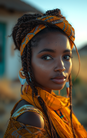 Sunlit Symmetry: Afrofuturism Portrait of Cuban Model with Braids and Yellow Scarf by Chinwe Chukwuogo-Roy