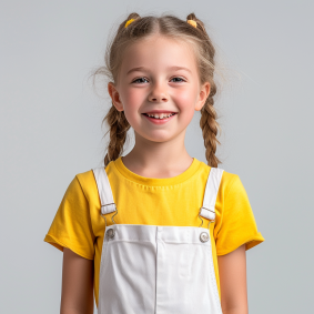 Sunny Smiles: Delightful Portrait of a Young Girl in Yellow Overalls at Danube School by Christian Brand