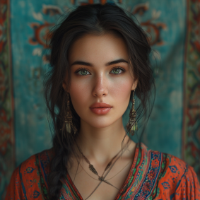 Symmetrical Beauty: Elina Karimova's Algerian Elegance Captured in Photorealistic Qajar Art