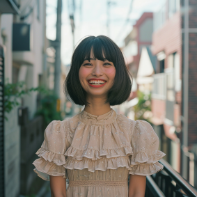 Urban Elegance: Chizuko Yoshida's Radiant Confidence on the Balcony