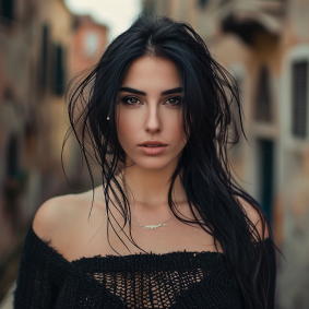 Venetian Elegance: A Woman's Grace in Black, Captured by Andrea Orcagna