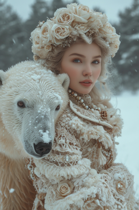 Winter's Embrace: A Russian Model and a Polar Bear in Artful Snowy Splendor