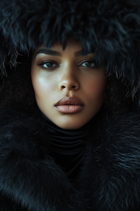 Adorned Elegance: Darrell Riche's Aesthetic Portrait of a Young African Model in Fur Collar and Black Coat