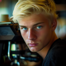 Blue-Eyed Elegance: Andor Basch, Swedish Model, Poses with Coffee Maker in Charismatic Portrait