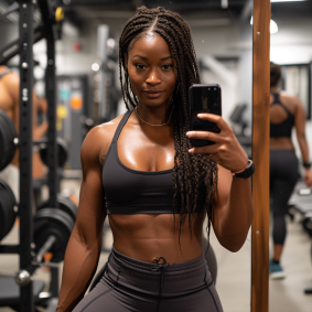 Bronze Beauty: Ghanaian Fitness Guru in Superflat Apparel Checking Workout Plan on Phone
