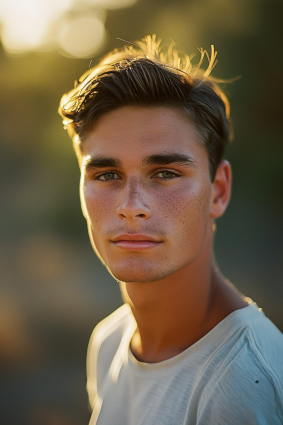 Bronze Serenity: Photorealistic Belarus Male Model with Freckled Hair in White Shirt