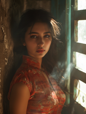 Chen Lu's Cinematic Enigma: Mexican Femme Fatale in Red, Window, Cigarette.