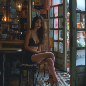 Chic Elegance: A European Lingerie Model in an Art Nouveau Bar, Captured Through a Tilt-Shift Lens