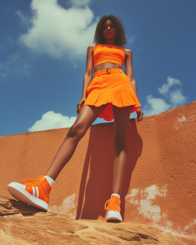 Chinwe's Afrofuturistic Elegance: A Ghanaian Girl Embraces Bold Style in Orange Dress and Sneakers