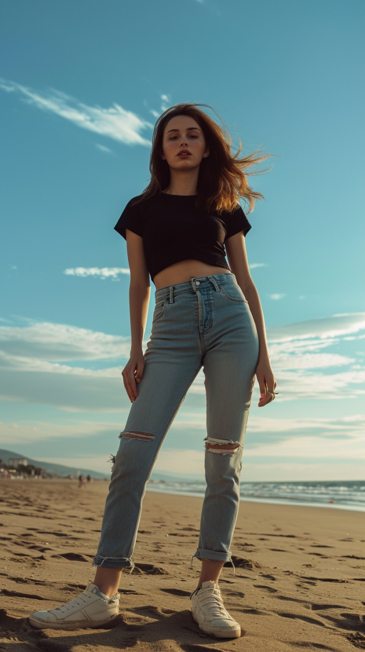 Coastal Chic: Elina Karimova's Aesthetic Vibe In Ripped Jeans And Crop 