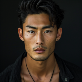 Contrasting Elegance: Portrait of an Enigmatic Thai Male Model in Black with Intriguing Vanitas Symbolism