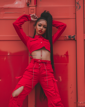 Crimson Grace: Daphne Allen in Red Pants and Crop Top Against Scarlet Wall