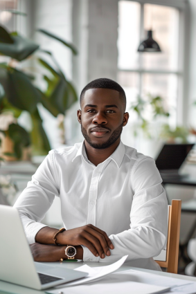 Digital Dreamweaver: Embracing Afrofuturism with a Ugandan Male Model in Chic Workspace