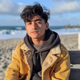 Eddie by the Shore: Teenage Model Contemplating Life with a Cow Companion