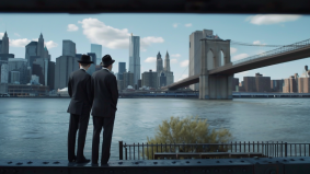 Elegance and Insight: Jewish Men Contemplate Cityscape from Bridge in Cinematic Masterpiece